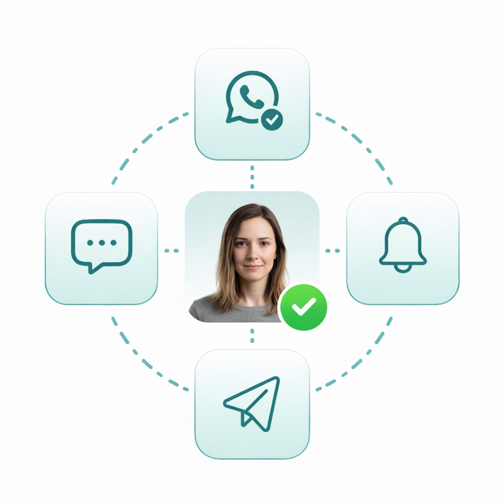 Imagem do paciente feliz, com ícones de aviso, whatsapp, mensagem e envios ativos