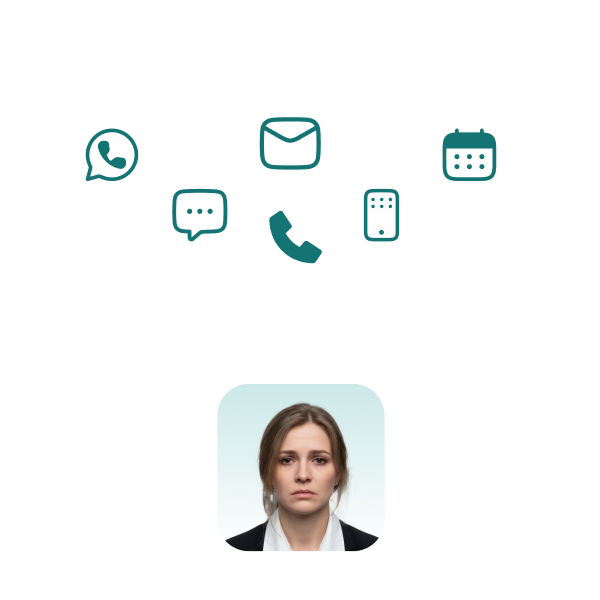 Imagem de uma secretária sobrecarregada, com um funil mostrando todas as funções que ela tem que tomar, como whatsapp, mensagens, email, chamadas, celular, calendário, agenda